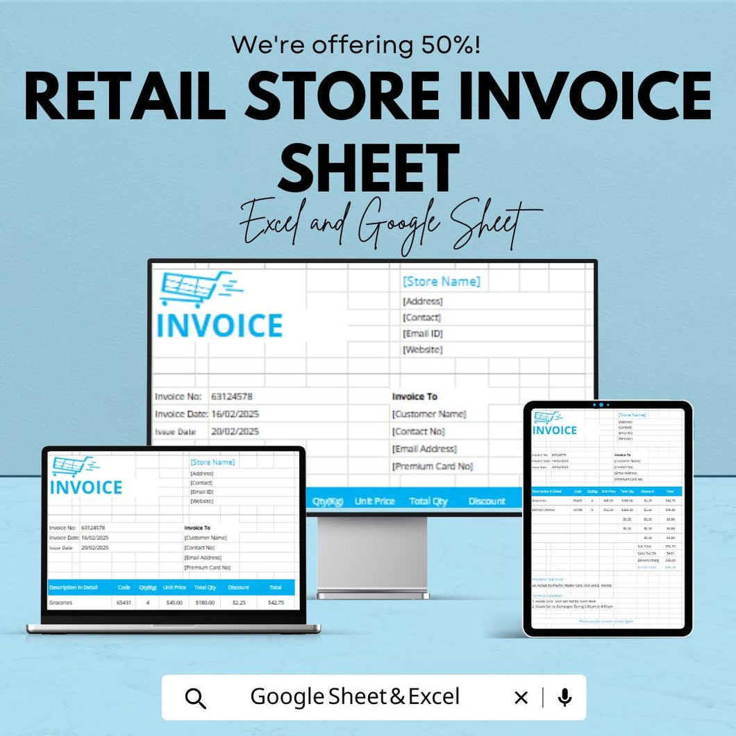 Retail Store Invoice Sheet Template for Excel and Google Sheets | Instant Download | 50% Off | Customizable & Easy Billing