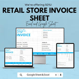 Retail Store Invoice Sheet Template for Excel and Google Sheets | Instant Download | 50% Off | Customizable & Easy Billing