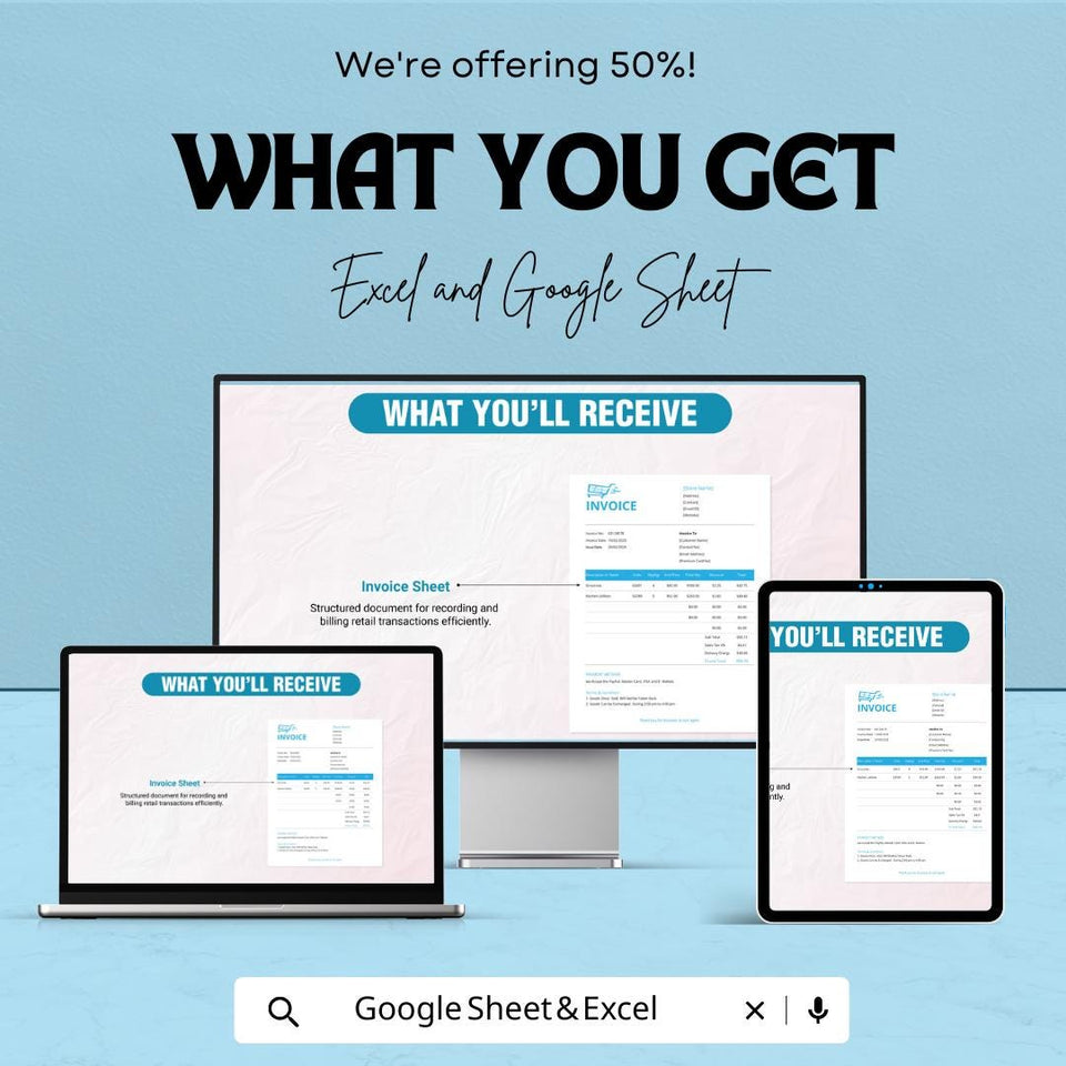 Retail Store Invoice Sheet Template for Excel and Google Sheets | Instant Download | 50% Off | Customizable & Easy Billing