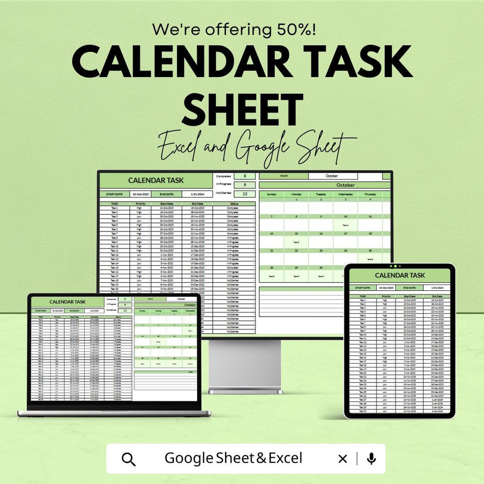 Calendar Task Sheet Template | Google Sheet and Excel | Easy Task Management | Project Planning & Scheduling | Instant Download