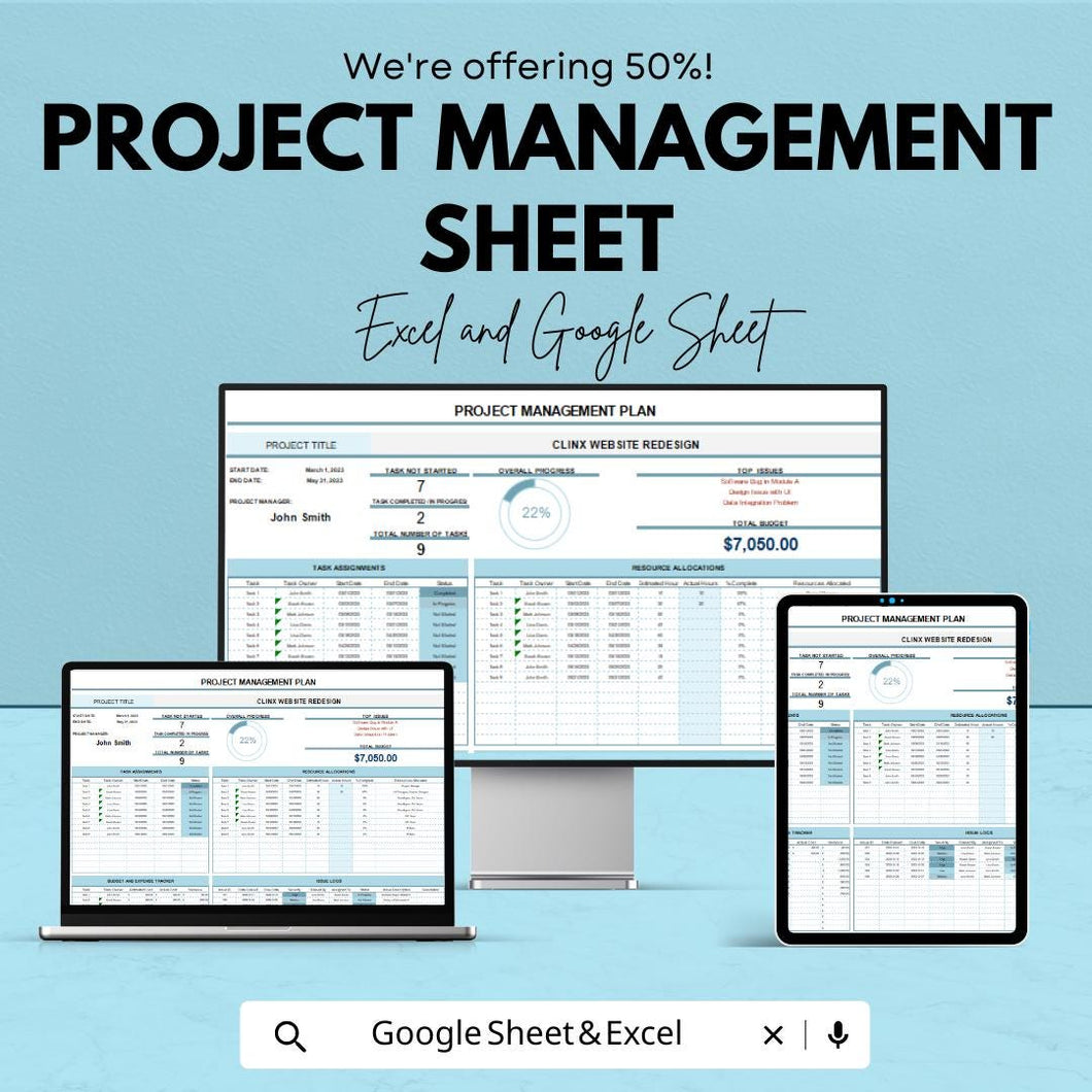 Project Management Sheet - Excel and Google Sheet Template | Track Tasks, Deadlines, Budget & Progress | Customizable and Professional