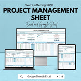 Project Management Sheet - Excel and Google Sheet Template | Track Tasks, Deadlines, Budget & Progress | Customizable and Professional