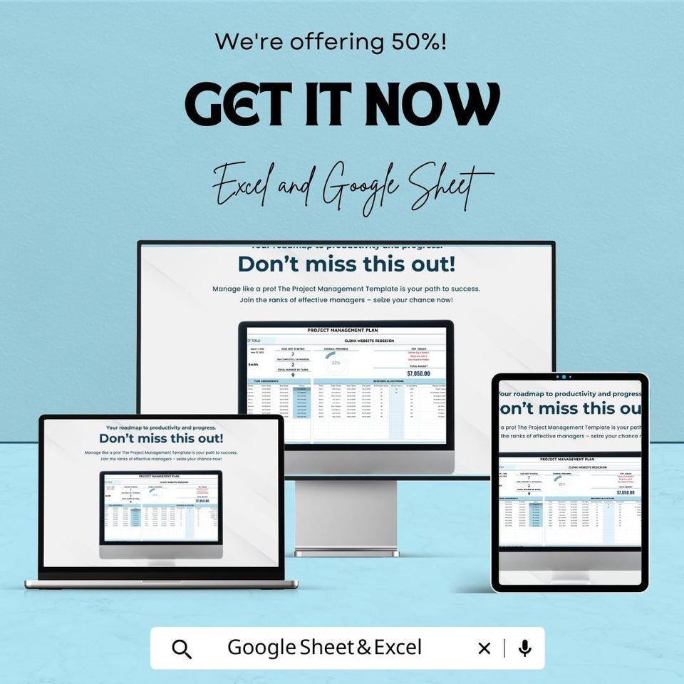 Project Management Sheet - Excel and Google Sheet Template | Track Tasks, Deadlines, Budget & Progress | Customizable and Professional