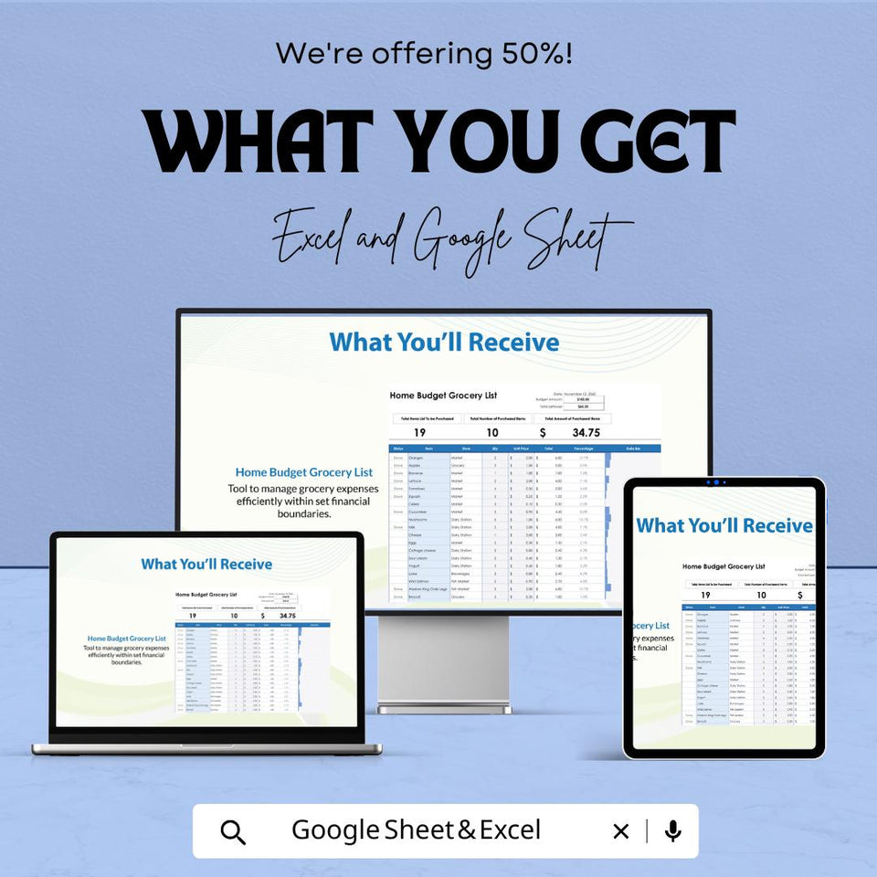 Home Budget Grocery List Template - Excel and Google Sheets | Budget Tracker & Grocery Shopping Organizer