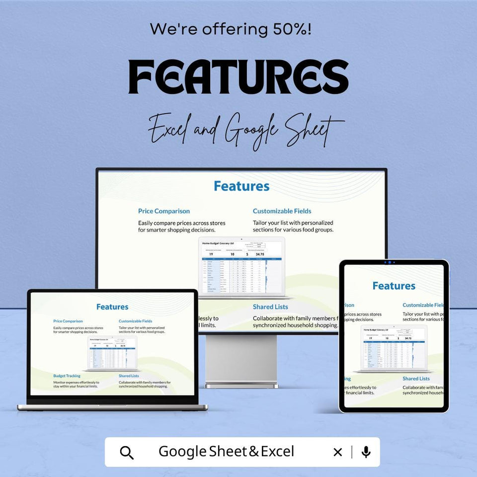 Home Budget Grocery List Template - Excel and Google Sheets | Budget Tracker & Grocery Shopping Organizer
