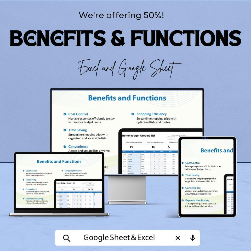 Home Budget Grocery List Template - Excel and Google Sheets | Budget Tracker & Grocery Shopping Organizer