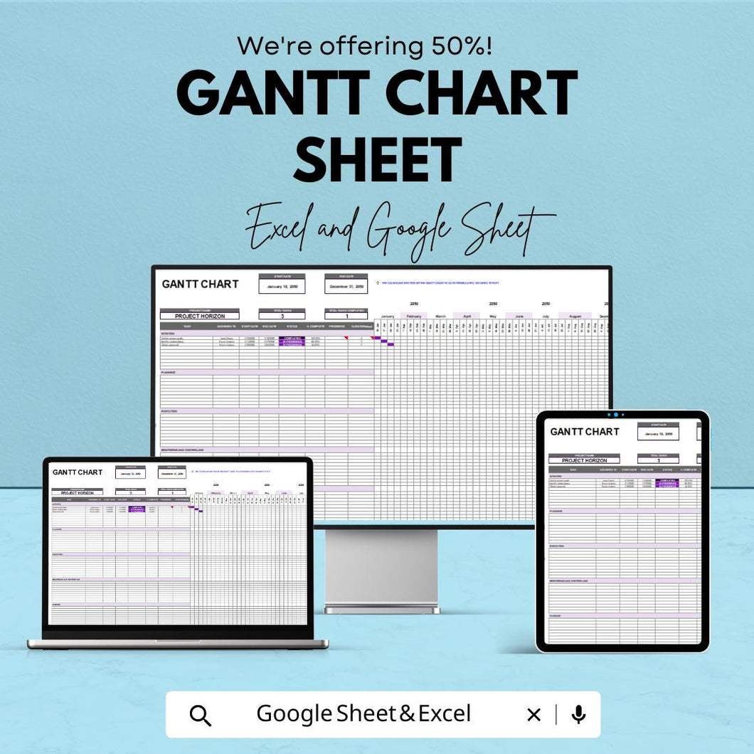Gantt Chart Template - Excel and Google Sheets | Project Management Tool | Task Tracker & Milestone Planner