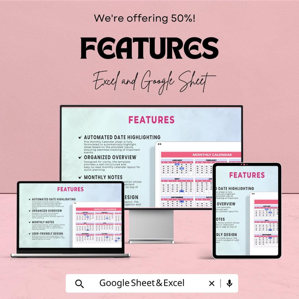 Monthly Calendar Sheet | Excel & Google Sheets | Yearly Planner Template | Customizable Calendar for Planning | 2023-2025 Schedule Organizer