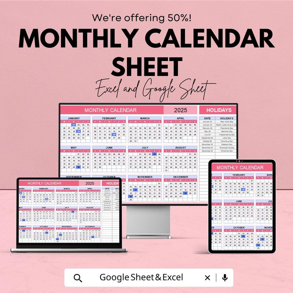 Monthly Calendar Sheet | Excel & Google Sheets | Yearly Planner Template | Customizable Calendar for Planning | 2023-2025 Schedule Organizer