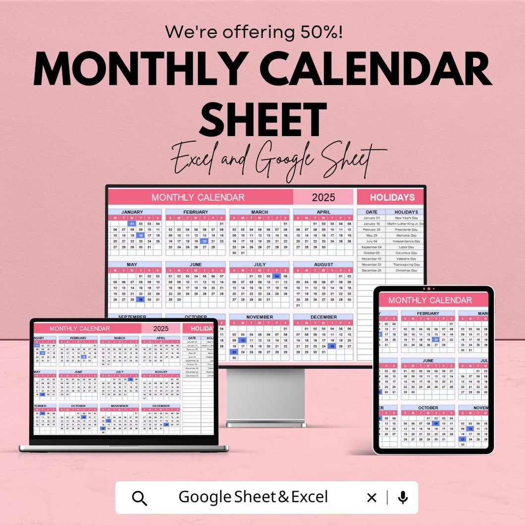 Monthly Calendar Sheet | Excel & Google Sheets | Yearly Planner Template | Customizable Calendar for Planning | 2023-2025 Schedule Organizer