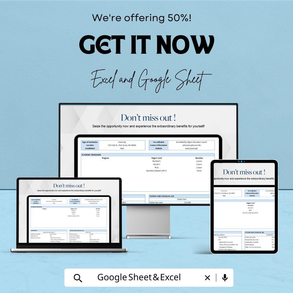Education Fact Sheet | University Information Template | Program, Tuition and Accreditation | Excel & Google Sheets