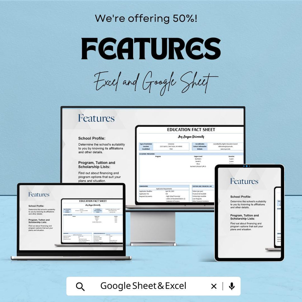 Education Fact Sheet | University Information Template | Program, Tuition and Accreditation | Excel & Google Sheets