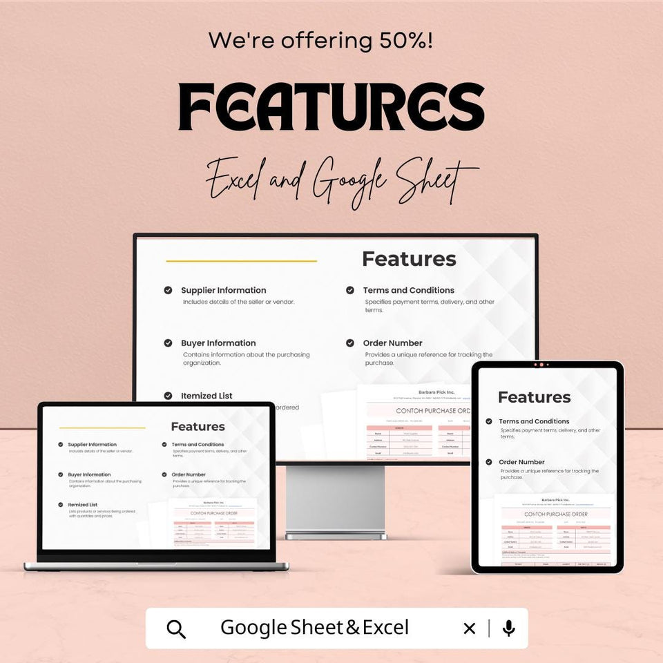 Contoh Purchase Order Sheet | Excel & Google Sheet | Simplify Procurement Process | 50% Off | Instant Download