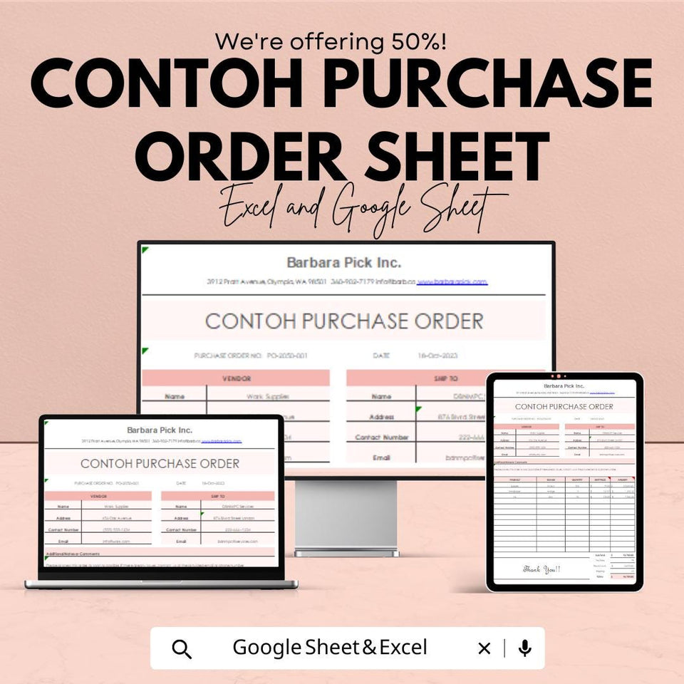 Contoh Purchase Order Sheet | Excel & Google Sheet | Simplify Procurement Process | 50% Off | Instant Download