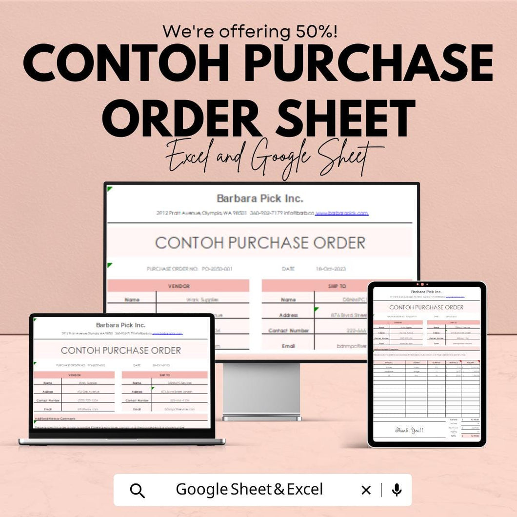 Contoh Purchase Order Sheet | Excel & Google Sheet | Simplify Procurement Process | 50% Off | Instant Download