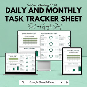 Daily and Monthly Task Tracker Sheet | Excel and Google Sheets | Task Management Template | Productivity & Goal Planner