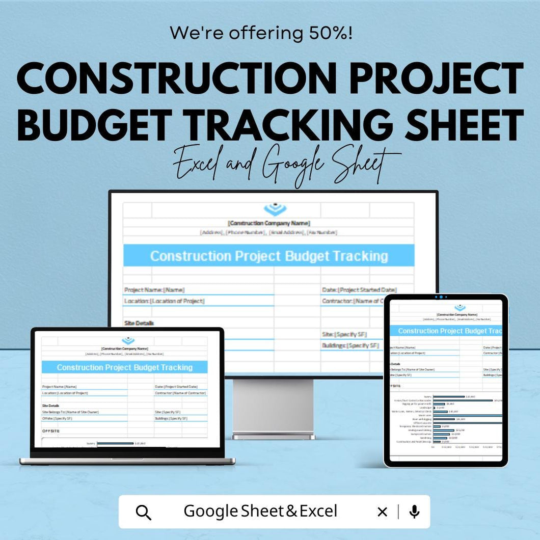 Construction Project Budget Tracking Sheet - Excel & Google Sheets Template for Construction Budget Management - 50% Off