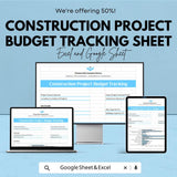 Construction Project Budget Tracking Sheet - Excel & Google Sheets Template for Construction Budget Management - 50% Off