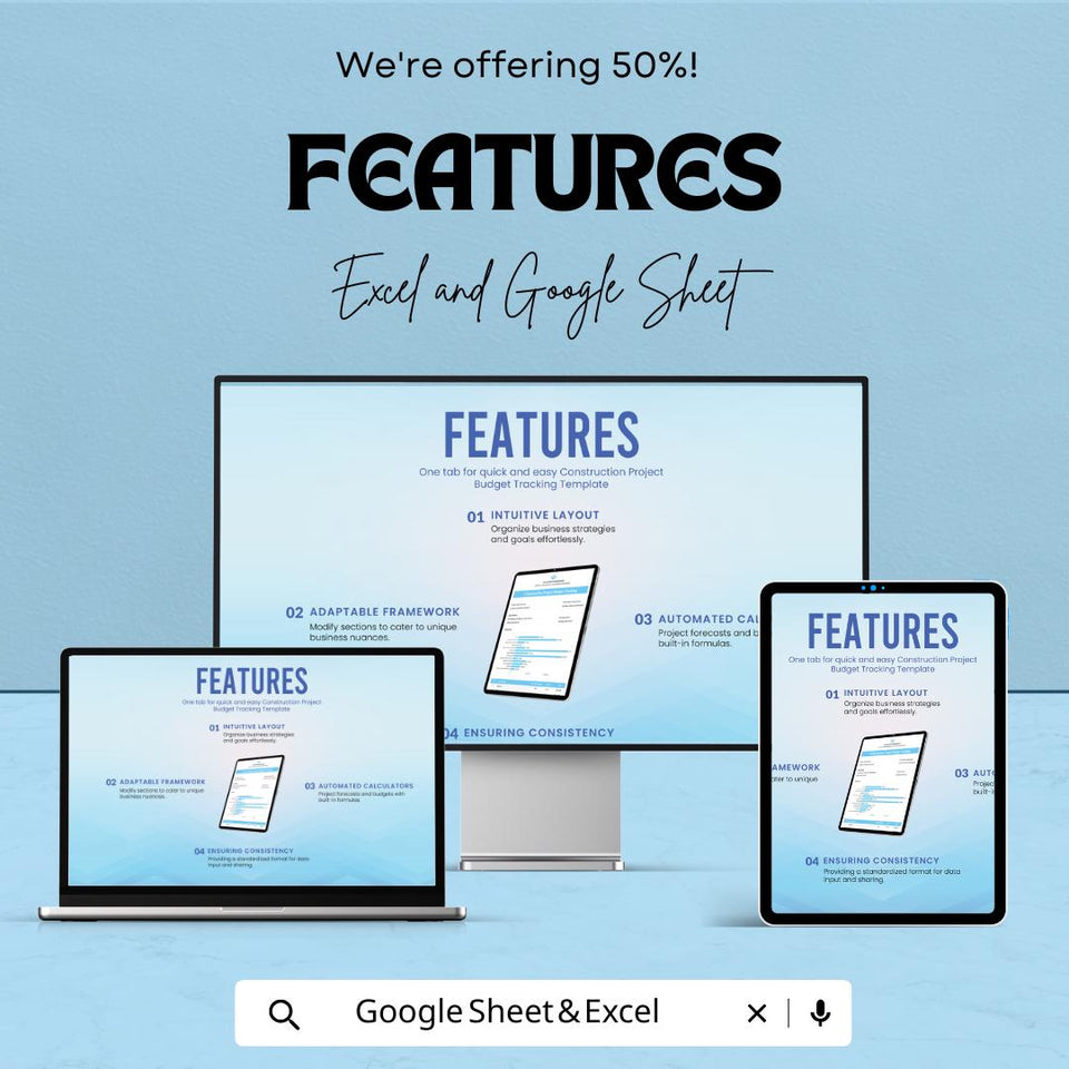 Construction Project Budget Tracking Sheet - Excel & Google Sheets Template for Construction Budget Management - 50% Off