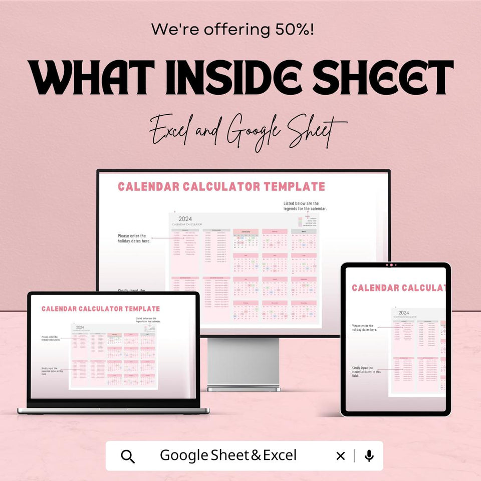 2024 Calendar Calculator Sheet | Excel and Google Sheets | Customizable Date Calculator | Holiday & Event Planner Template