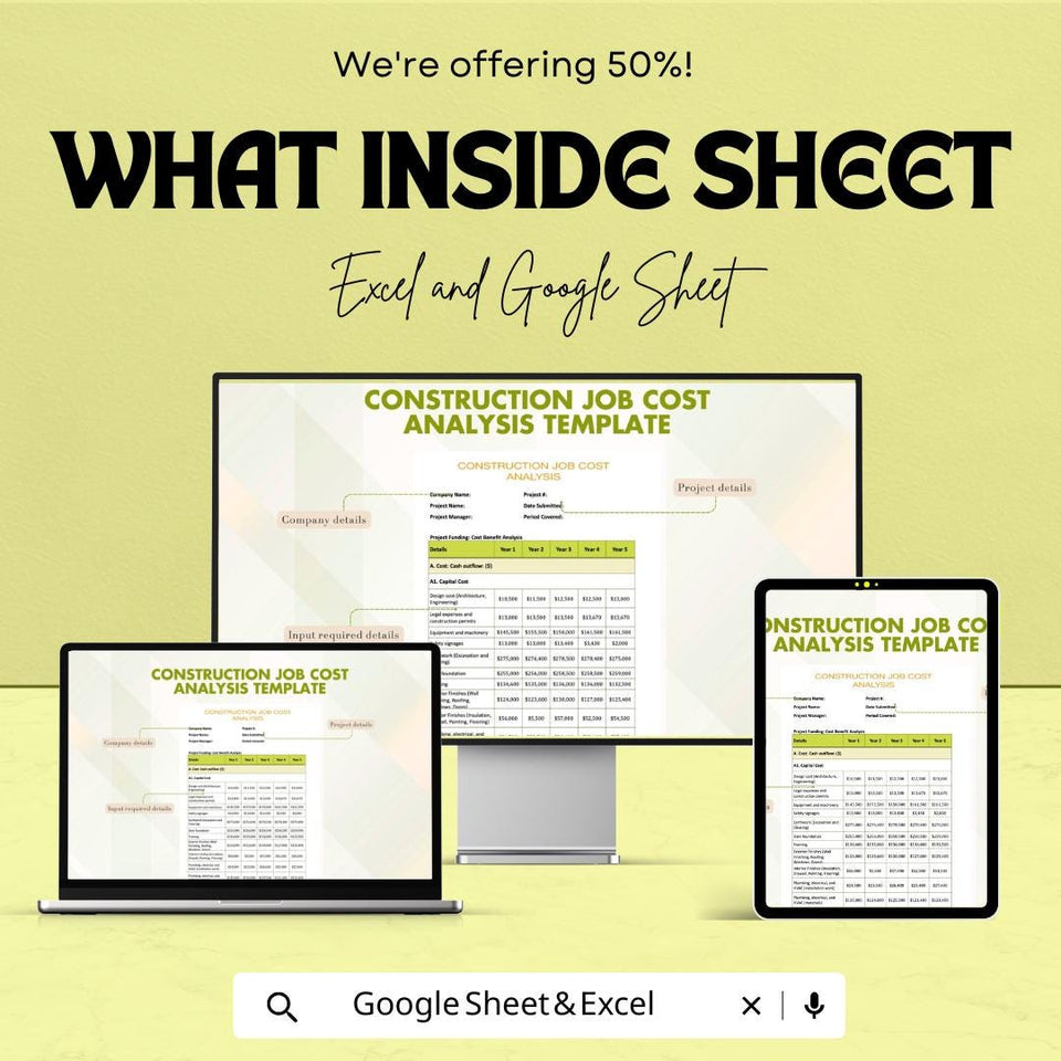 Construction Job Cost Analysis Sheet | Excel & Google Sheet | Track and Manage Project Finances | 50% Off | Instant Download