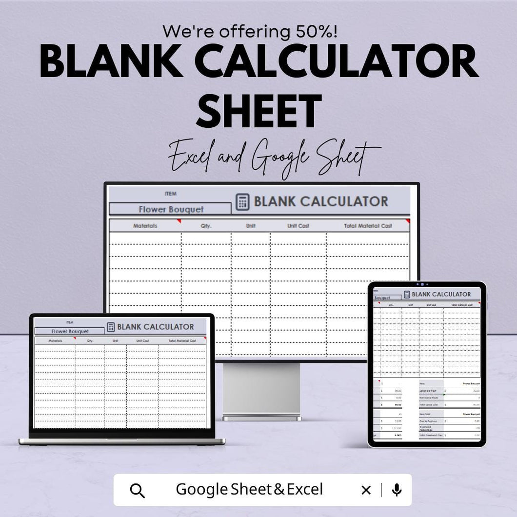 Blank Calculator Sheet | Excel & Google Sheets | Customizable Business Calculator Template | Expense and Cost Tracking Tool