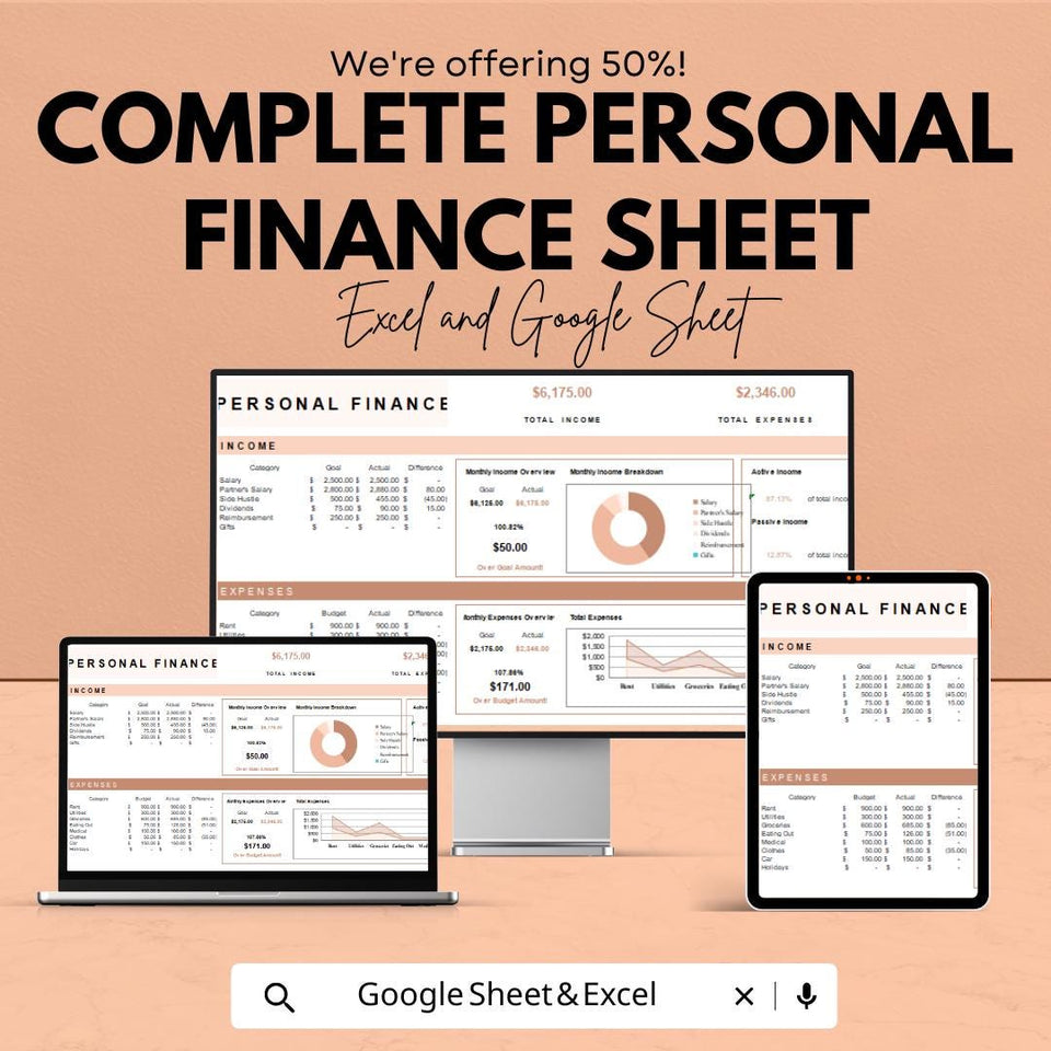 Complete Personal Finance Sheet - Excel and Google Sheets Template for Budgeting, Tracking Income & Expenses - 50% Off
