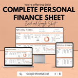 Complete Personal Finance Sheet - Excel and Google Sheets Template for Budgeting, Tracking Income & Expenses - 50% Off