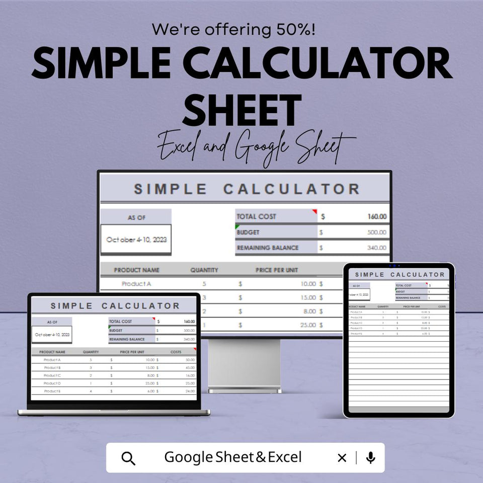 Simple Calculator Sheet | Google Sheets  | Budgeting & Cost Calculation Tool | Easy-to-Use Expense Tracker | Customizable Spreadsheet