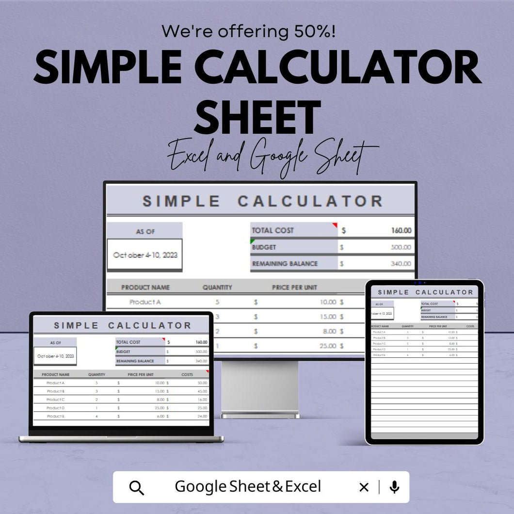 Simple Calculator Sheet | Google Sheets  | Budgeting & Cost Calculation Tool | Easy-to-Use Expense Tracker | Customizable Spreadsheet