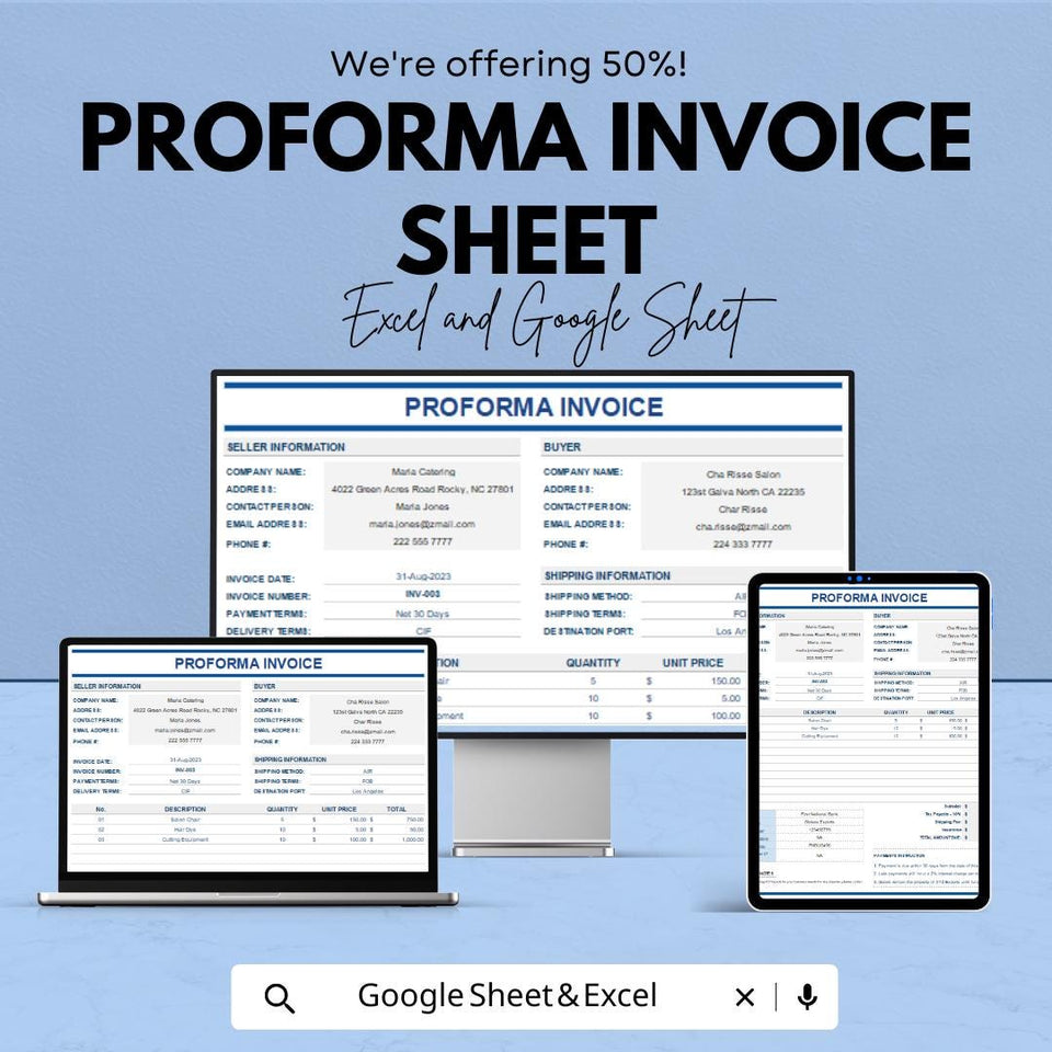 Proforma Invoice Template - Excel & Google Sheets - Professional Invoice Generator - Customizable Invoice Sheet - Business Invoice Template