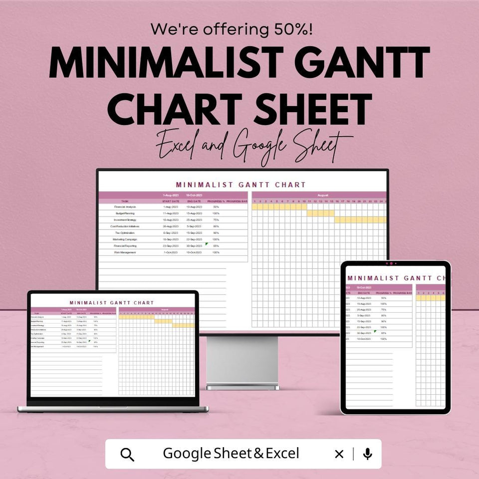 Minimalist Gantt Chart Template - Excel & Google Sheets - Project Management Schedule - Customizable Timeline - Task Tracker