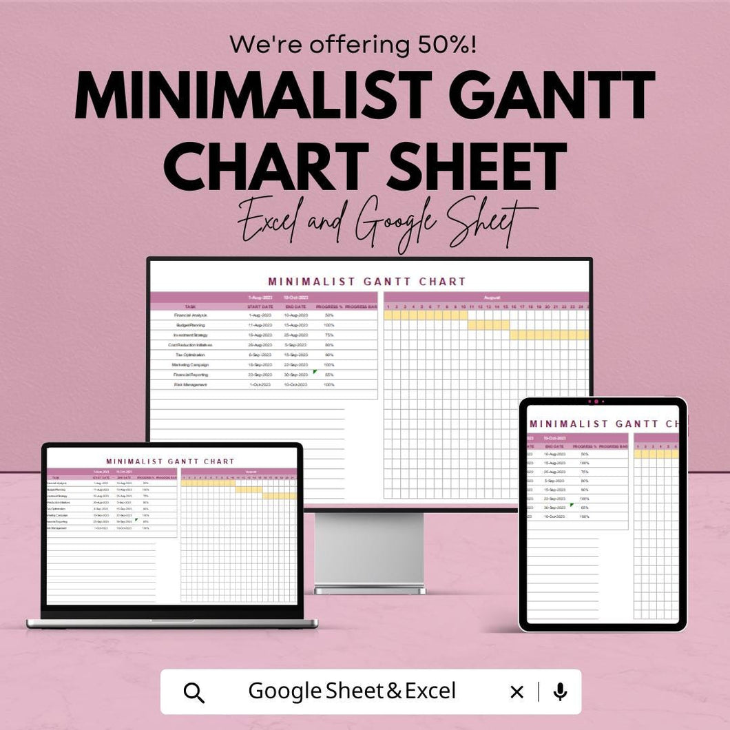 Minimalist Gantt Chart Template - Excel & Google Sheets - Project Management Schedule - Customizable Timeline - Task Tracker