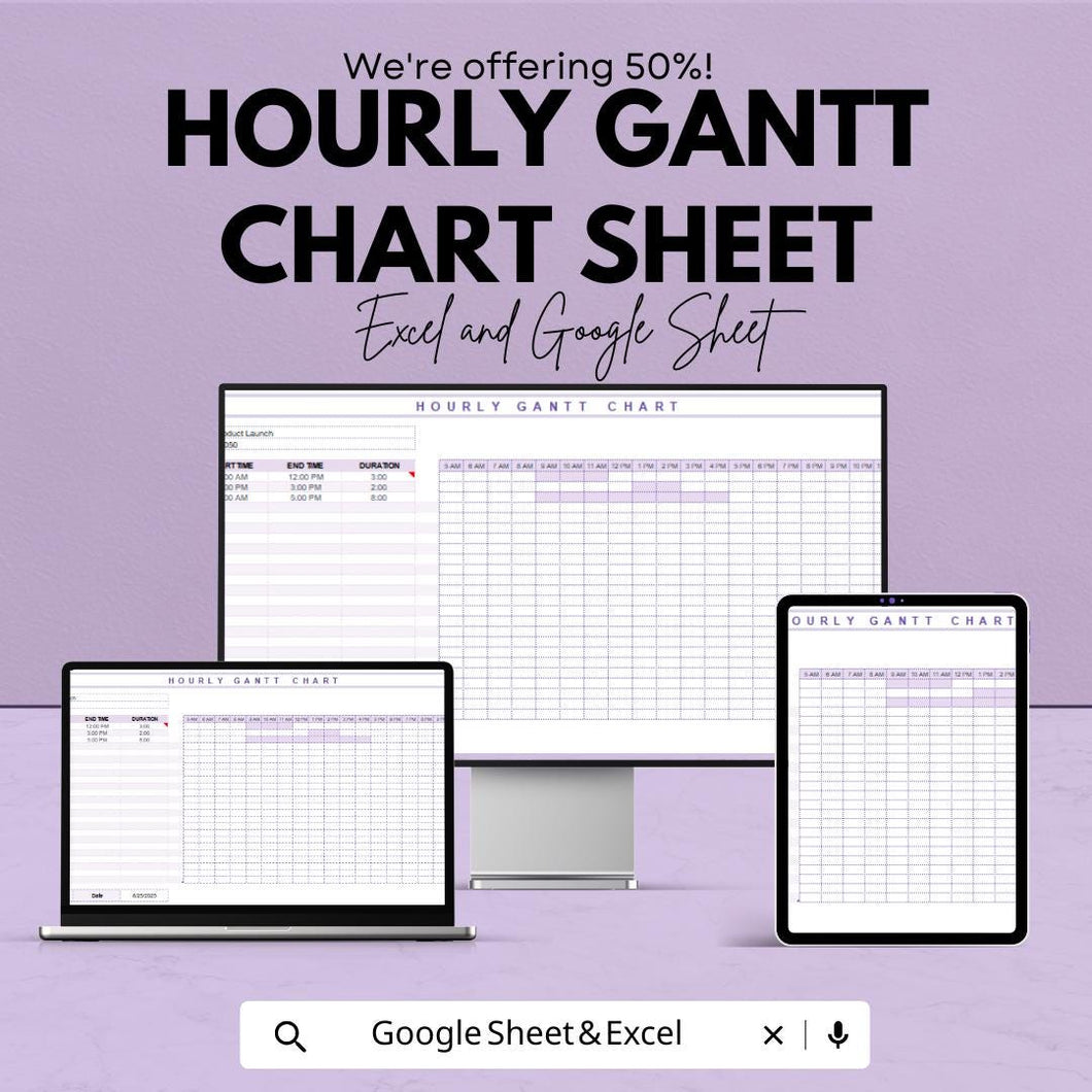 Hourly Gantt Chart Template - Excel & Google Sheets - Project Planning Schedule - Customizable Project Timeline - Time Management Tool