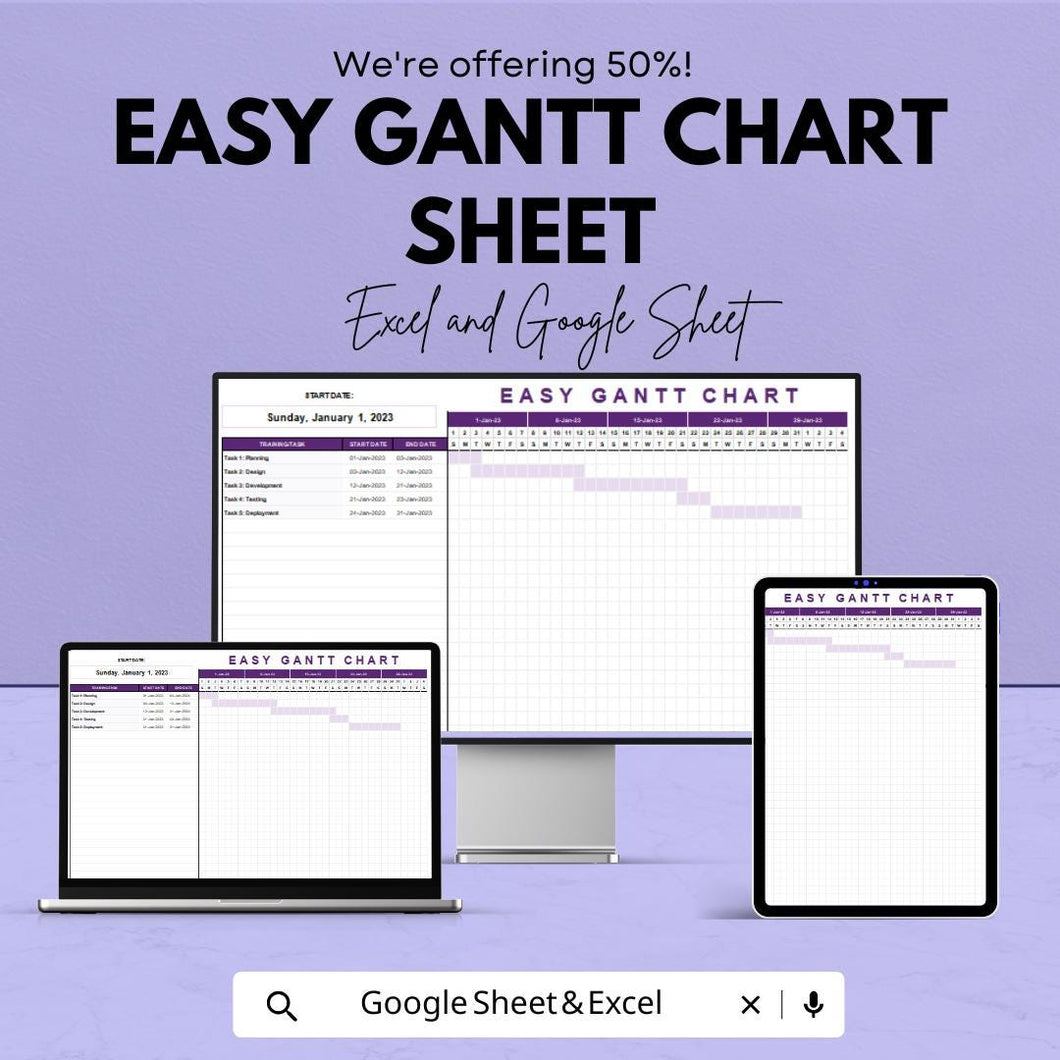 Easy Gantt Chart Sheet for Excel & Google Sheets | Simple Project Timeline Template | Task Management | Instant Download