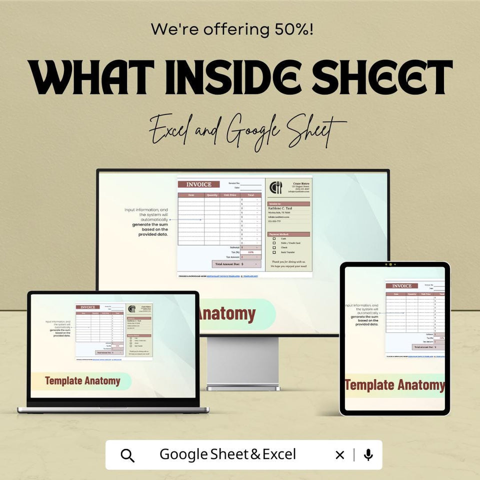 Blank Restaurant Invoice Template - Excel and Google Sheets | Customizable Billing | Tax & Payment Method Integration