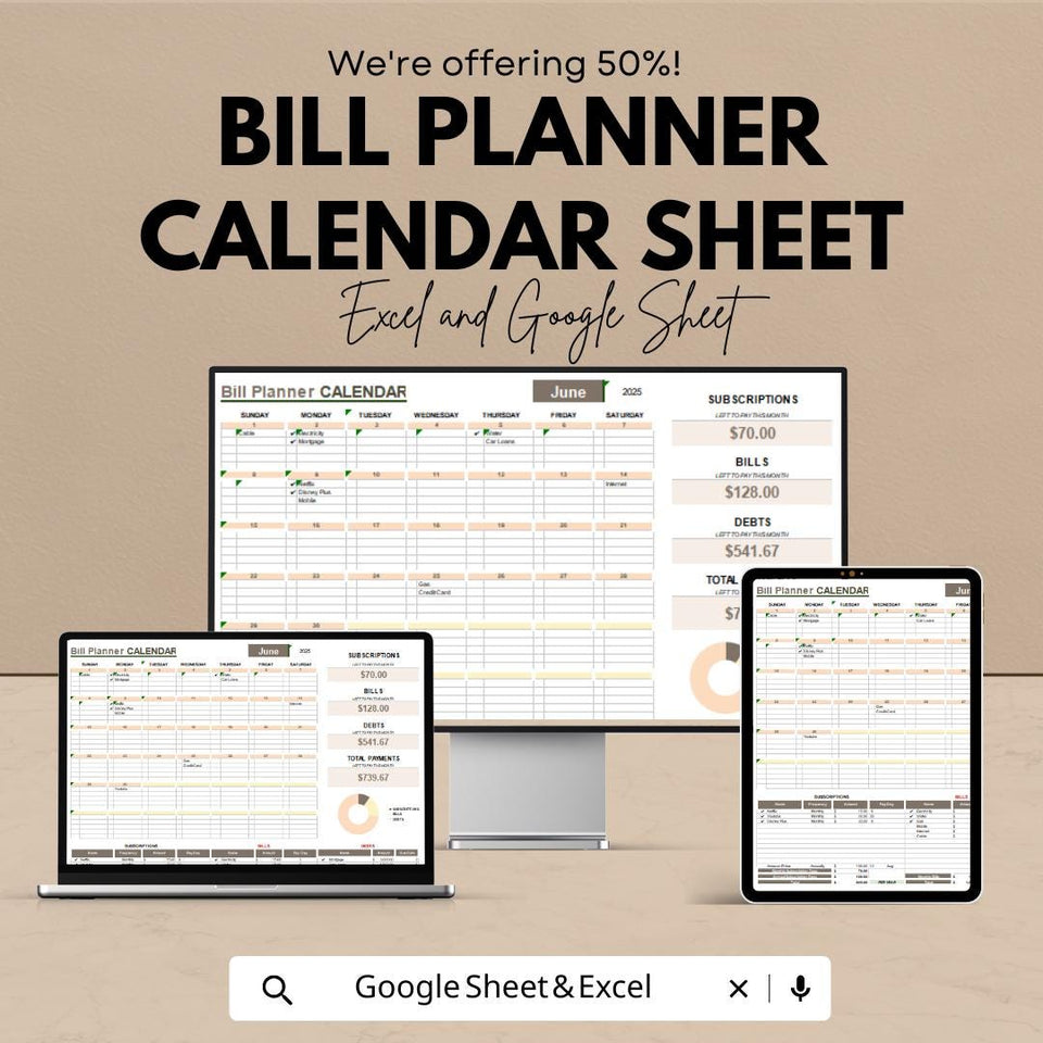 Bill Planner Calendar Sheet for Excel & Google Sheets | Monthly Bill Tracker Template | Budget Planner | Instant Download