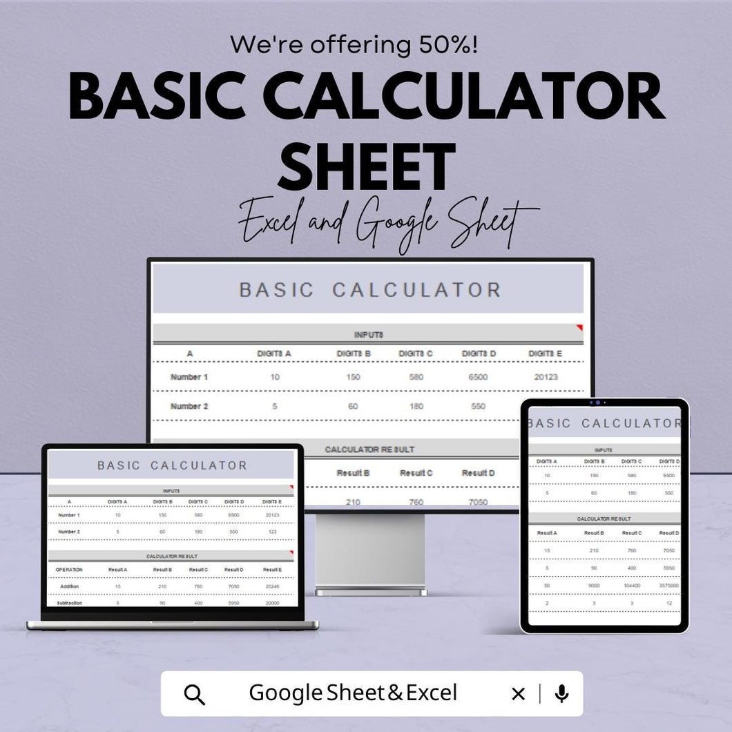 Basic Calculator Sheet for Excel and Google Sheets | Financial & Math Calculation Template | Instant Download