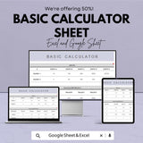 Basic Calculator Sheet for Excel and Google Sheets | Financial & Math Calculation Template | Instant Download
