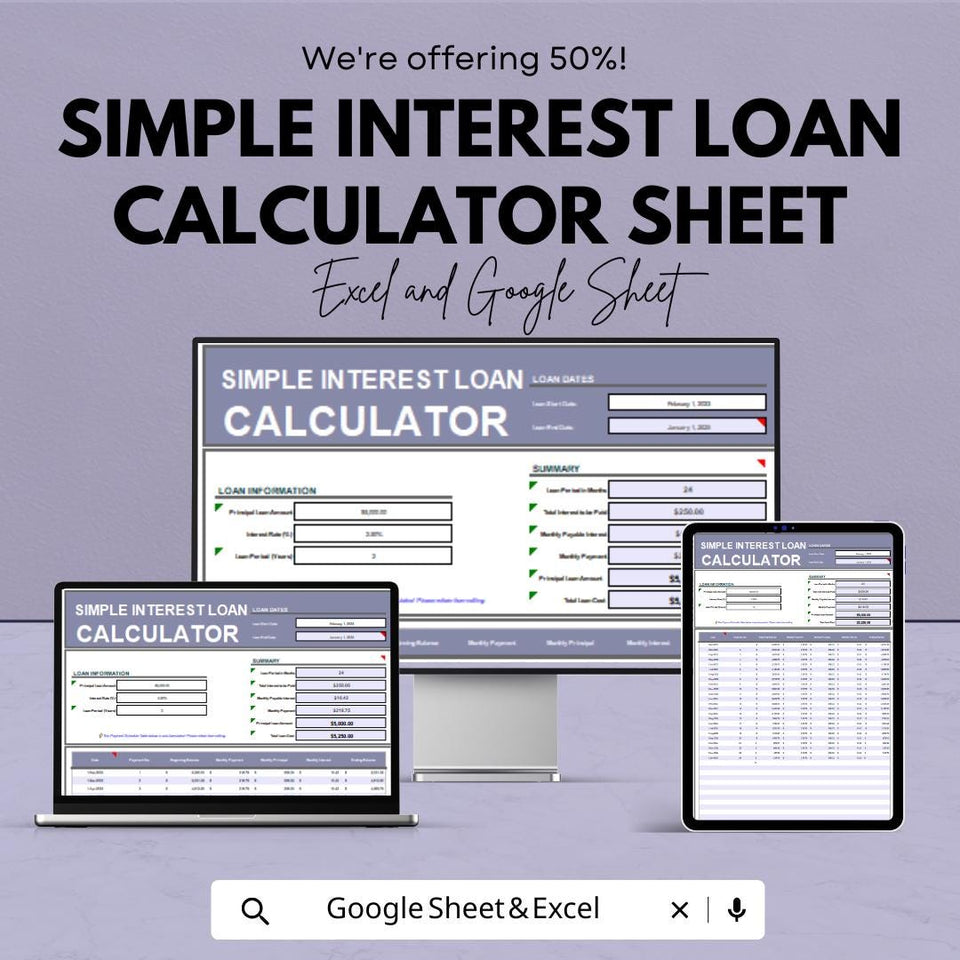 Simple Interest Loan Calculator Sheet | Excel and Google Sheet | Financial Planning Template | Budget & Loan Management | Easy-to-Use