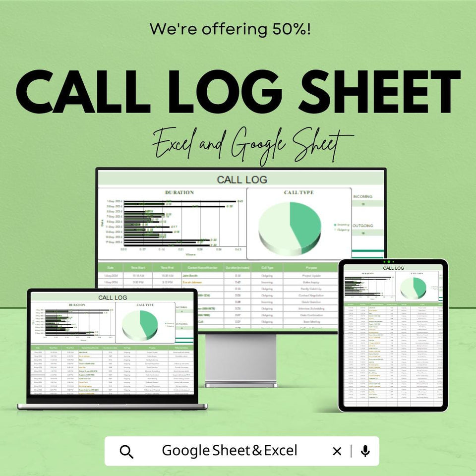 Call Log Sheet | Google Sheets & Excel Template | Client Call Tracker with Duration Graph, Call Type Chart, CRM Log for Business