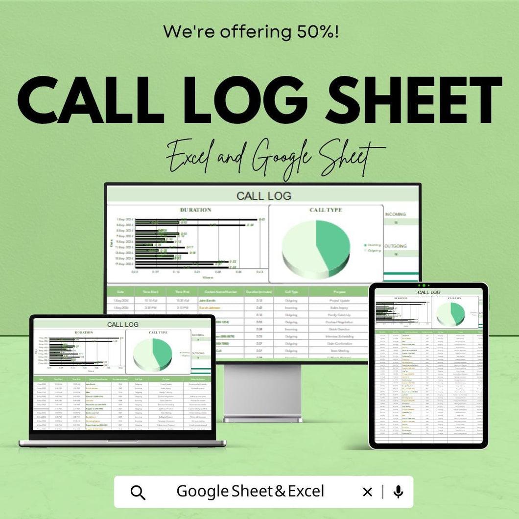 Call Log Sheet | Google Sheets & Excel Template | Client Call Tracker with Duration Graph, Call Type Chart, CRM Log for Business