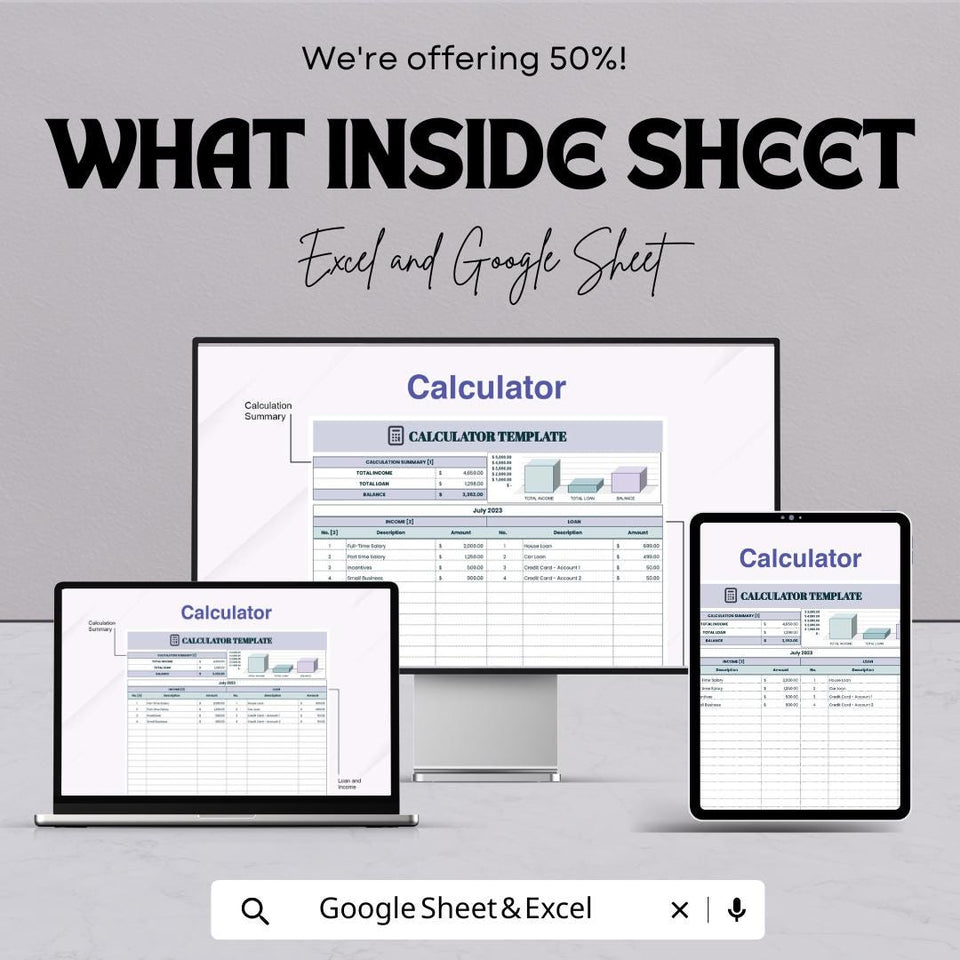 Calculator Sheet | Excel and Google Sheets | Expense Tracker | Income & Loan Calculator | Editable Budget Template