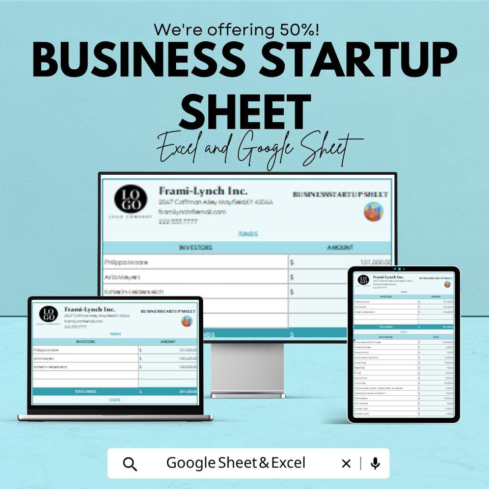 Business Startup Sheet - Excel & Google Sheets Template for Business Planning, Financial Forecasting, and Investor Tracking
