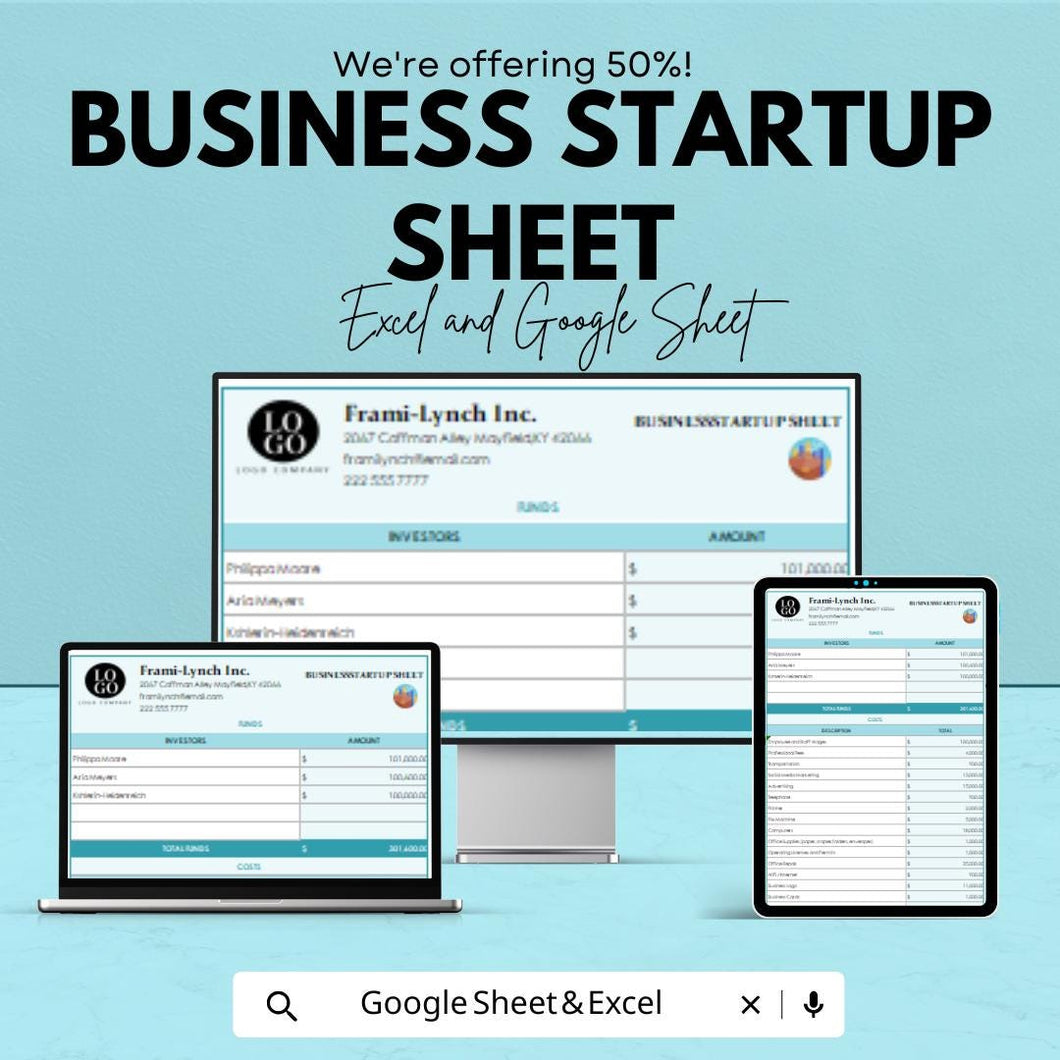 Business Startup Sheet - Excel & Google Sheets Template for Business Planning, Financial Forecasting, and Investor Tracking