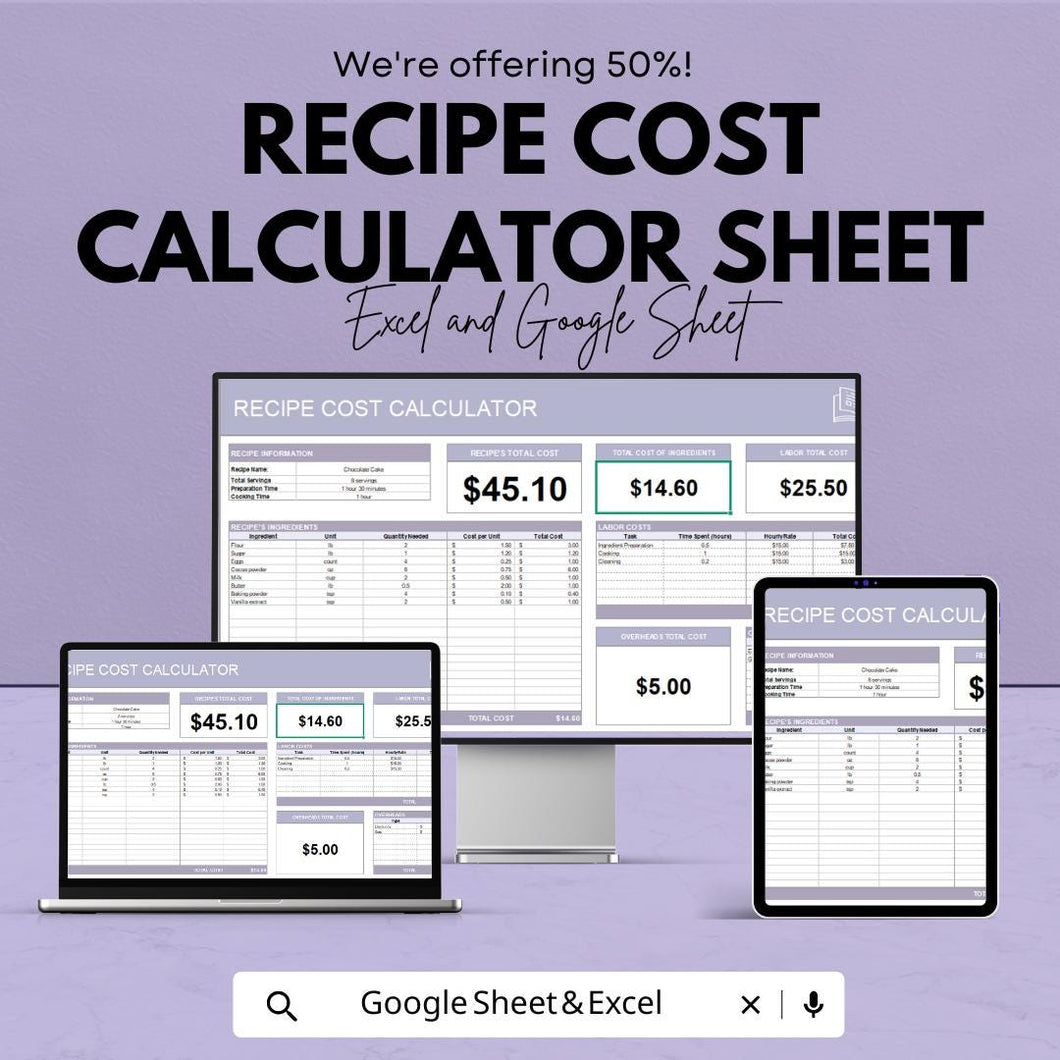 Recipe Cost Calculator Sheet - Excel & Google Sheets Template for Budget-Friendly Recipe Management