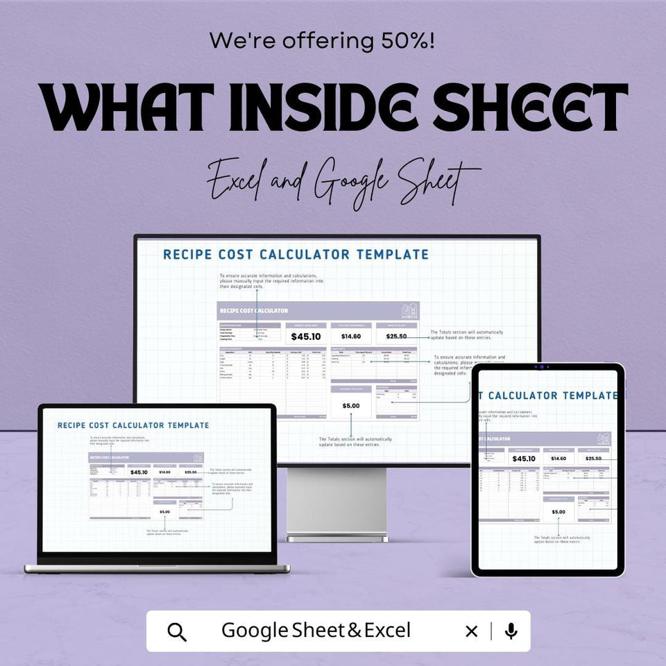 Recipe Cost Calculator Sheet - Excel & Google Sheets Template for Budget-Friendly Recipe Management