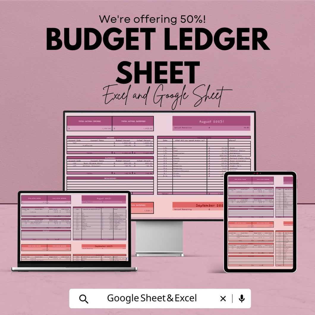 Budget Ledger Sheet - Excel & Google Sheets Template for Financial Tracking | Monthly Budget Planner, Expense Tracker, Budgeting Tool