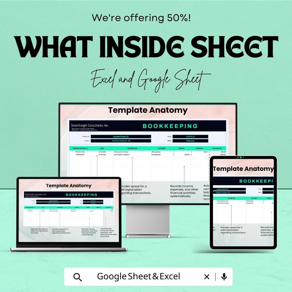 Bookkeeping Sheet Template | Excel & Google Sheets | Small Business Finance Tracker | Income Expense Log | Accounting Spreadsheet