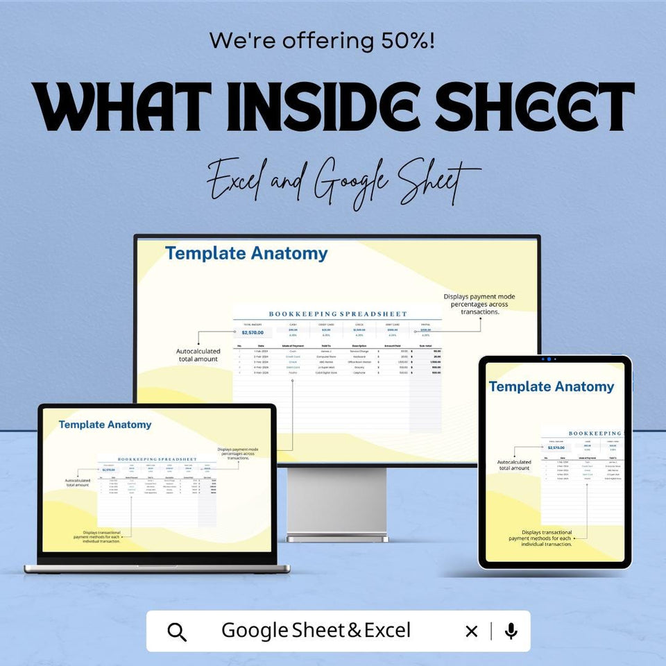 Bookkeeping Spreadsheet for Small Business | Excel & Google Sheets Template | Income Expense Tracker | Finance Budget Log | Instant Download